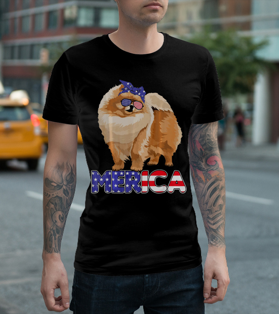 Merica Pomeranian American Flag Patriotic Dog 4th Of July T-Shirt