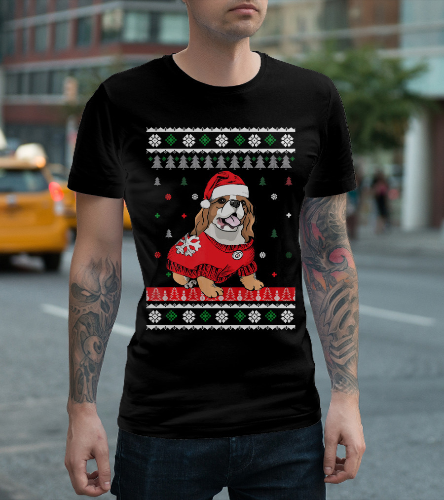 Cavalier King Charles Spaniel in Santa Hat and Christmas T-Shirt