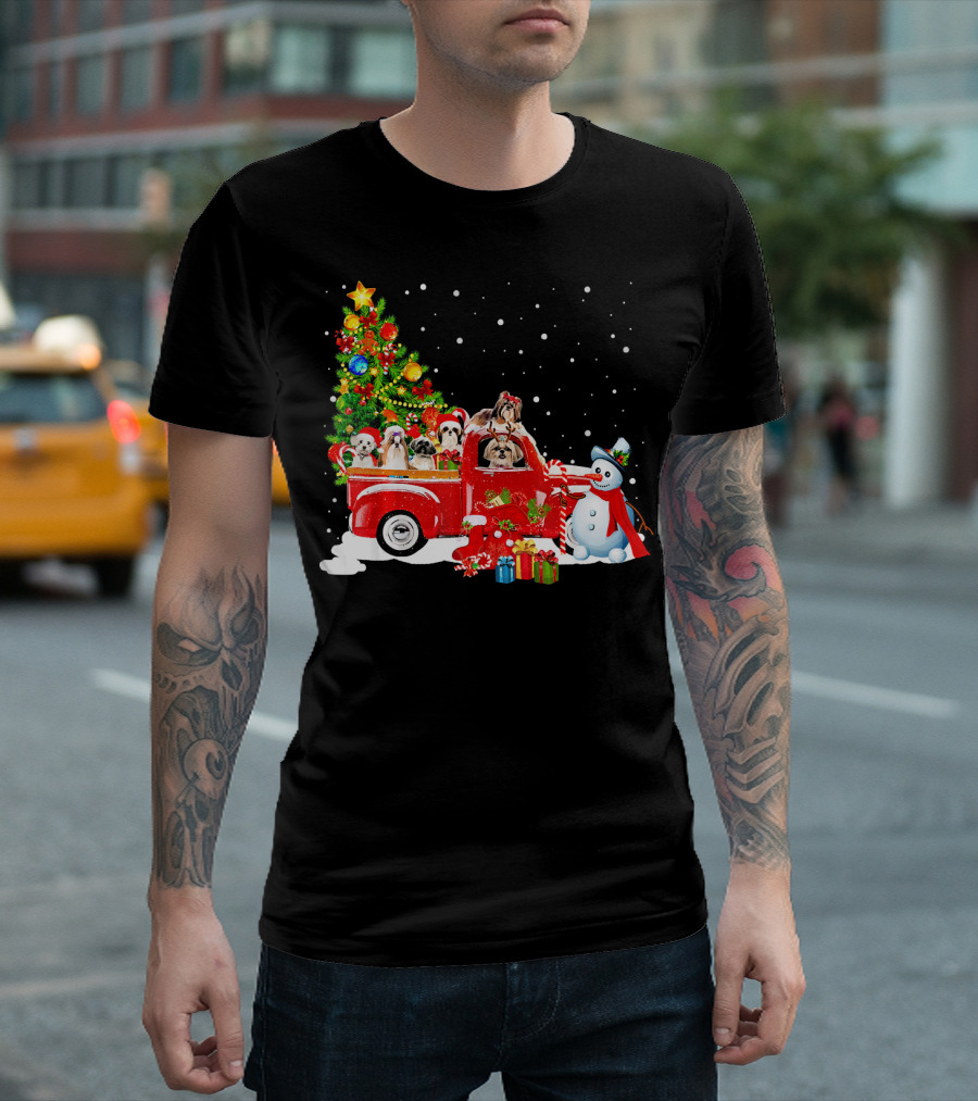Merry Christmas Shih Tzu Puppies In Festive Truck With Snowman And Gifts T-Shirt