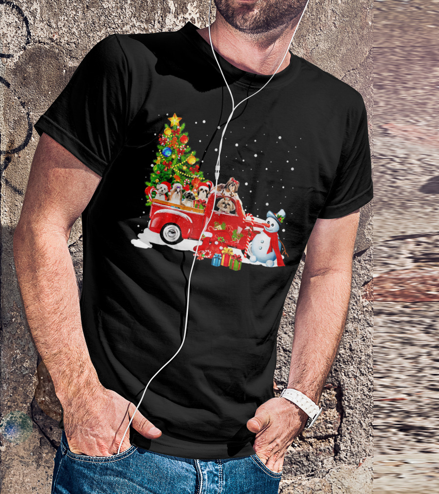 Merry Christmas Shih Tzu Puppies In Festive Truck With Snowman And Gifts T-Shirt