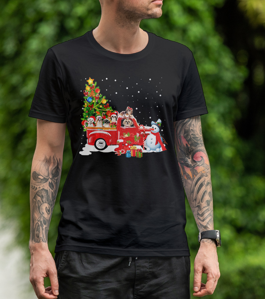 Merry Christmas Shih Tzu Puppies In Festive Truck With Snowman And Gifts T-Shirt