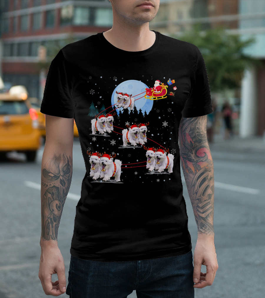 Santa's Sleigh with Maltese Reindeer Under Moonlit Snowflakes T-Shirt