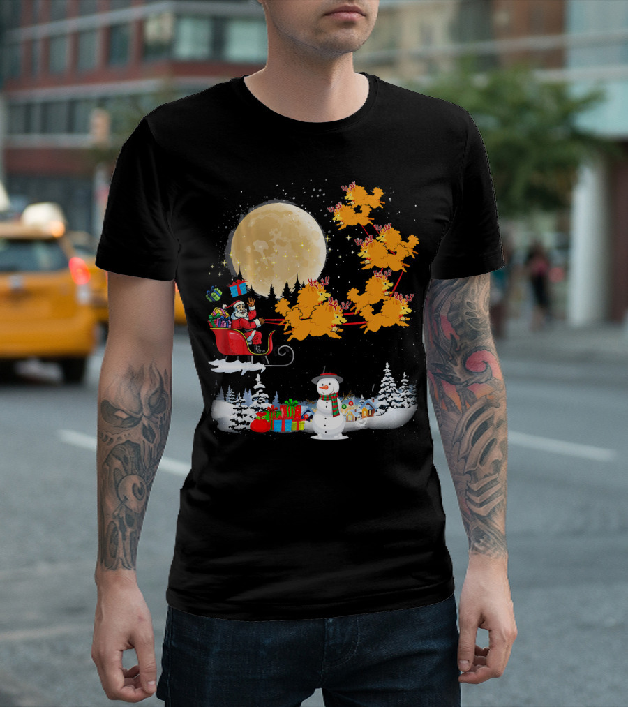 Santa Sleigh Ride with Pomeranian Reindeer Under Full Moon T-Shirt