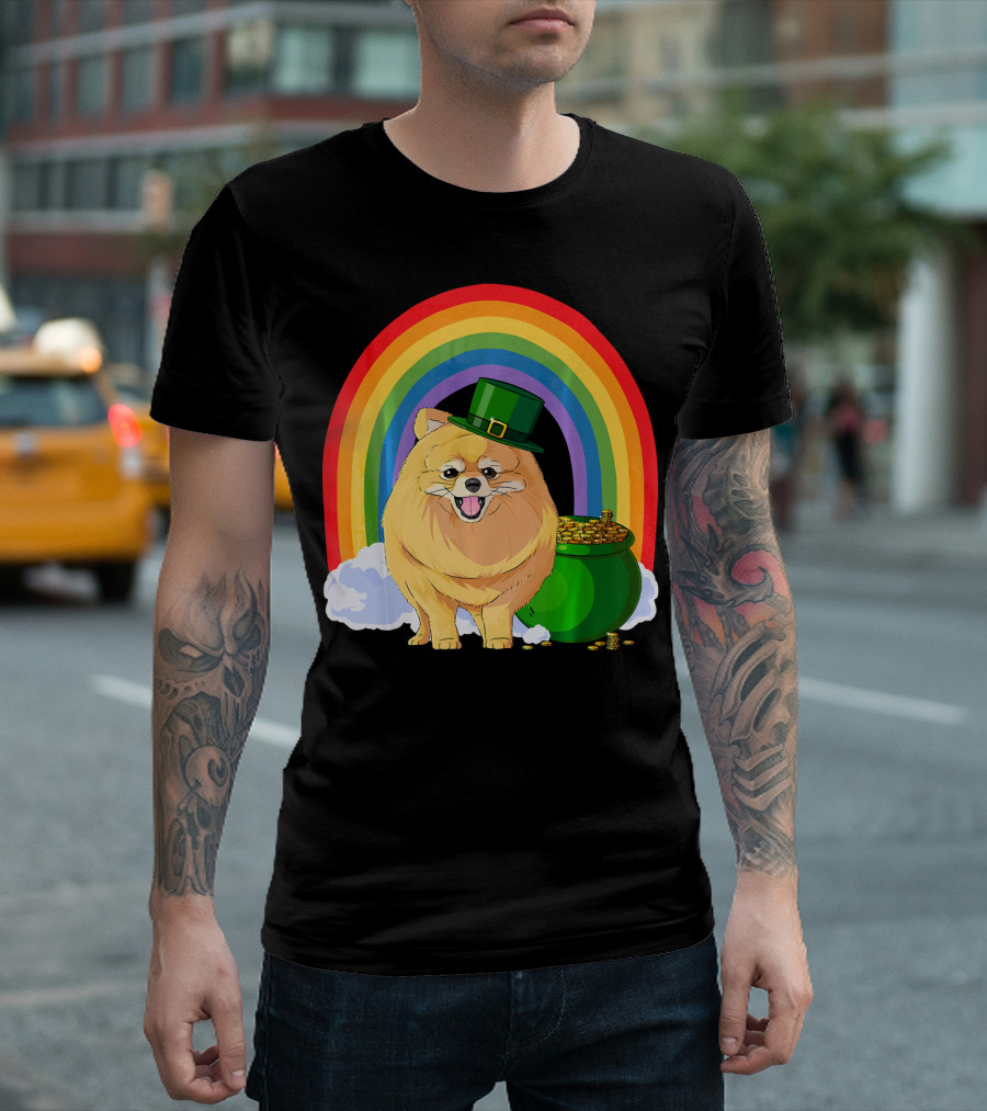 St Patricks Day Pomeranian Leprechaun with Rainbow and Pot of Gold T-Shirt