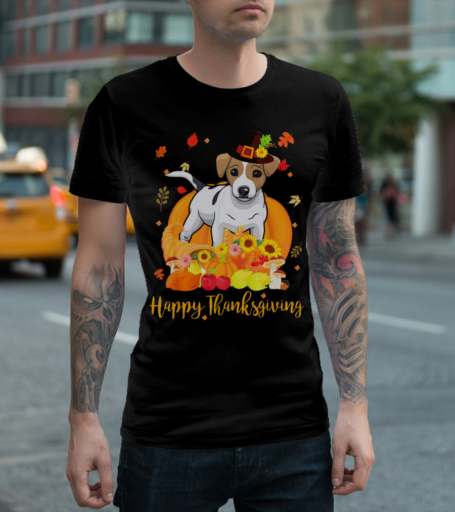 Happy Thanksgiving Jack Russell Dog in Pilgrim Hat with Autumn Harvest T-Shirt