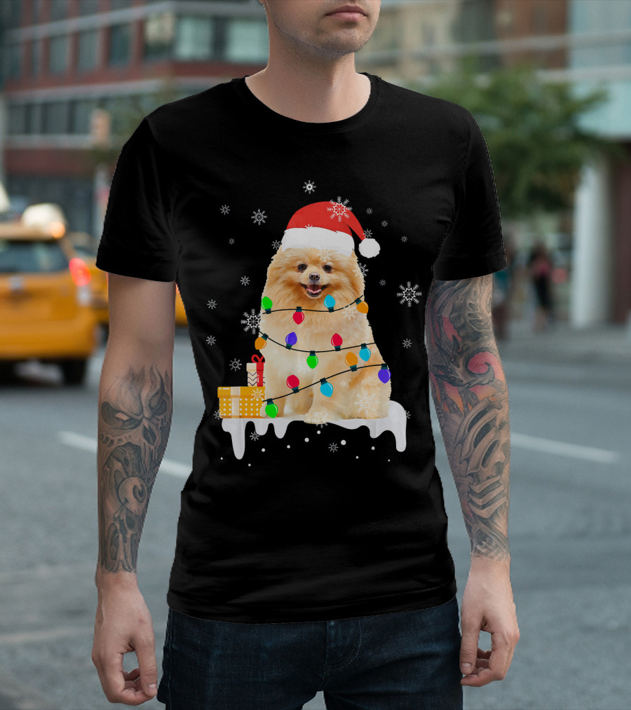 Santa Pomeranian with Christmas Lights and Snowflakes T-Shirt