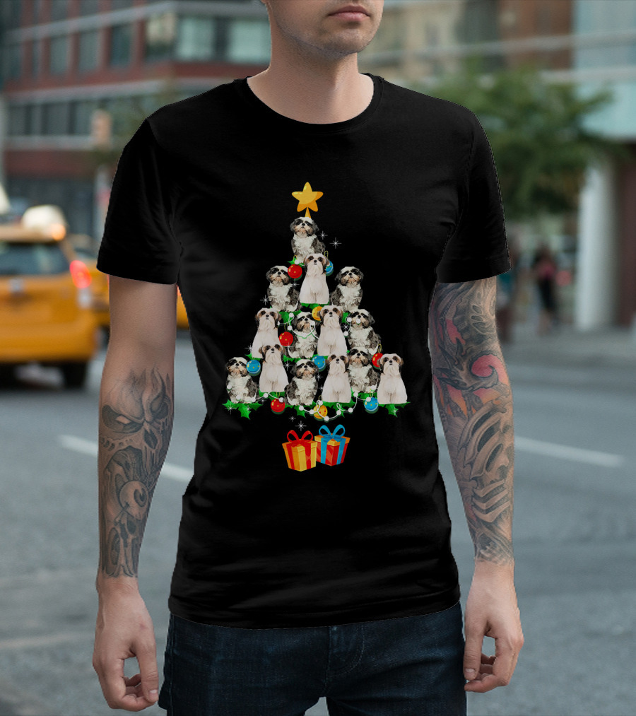 Shih Tzu Christmas Tree with Funny Dog Theme and Holiday Gifts T-Shirt