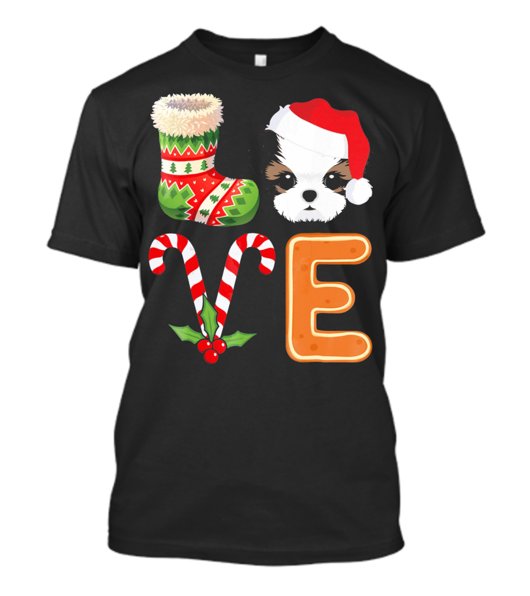 Shih Tzu Lover Xmas Stocking Santa Hat Candy Cane E T-Shirt
