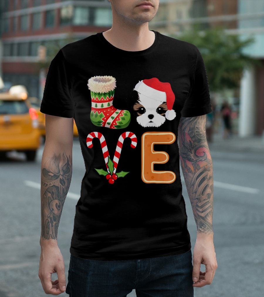 Shih Tzu Lover Xmas Stocking Santa Hat Candy Cane E T-Shirt