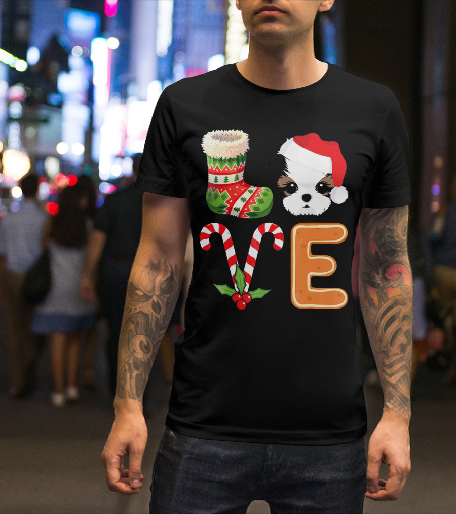 Shih Tzu Lover Xmas Stocking Santa Hat Candy Cane E T-Shirt