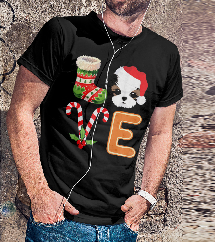 Shih Tzu Lover Xmas Stocking Santa Hat Candy Cane E T-Shirt