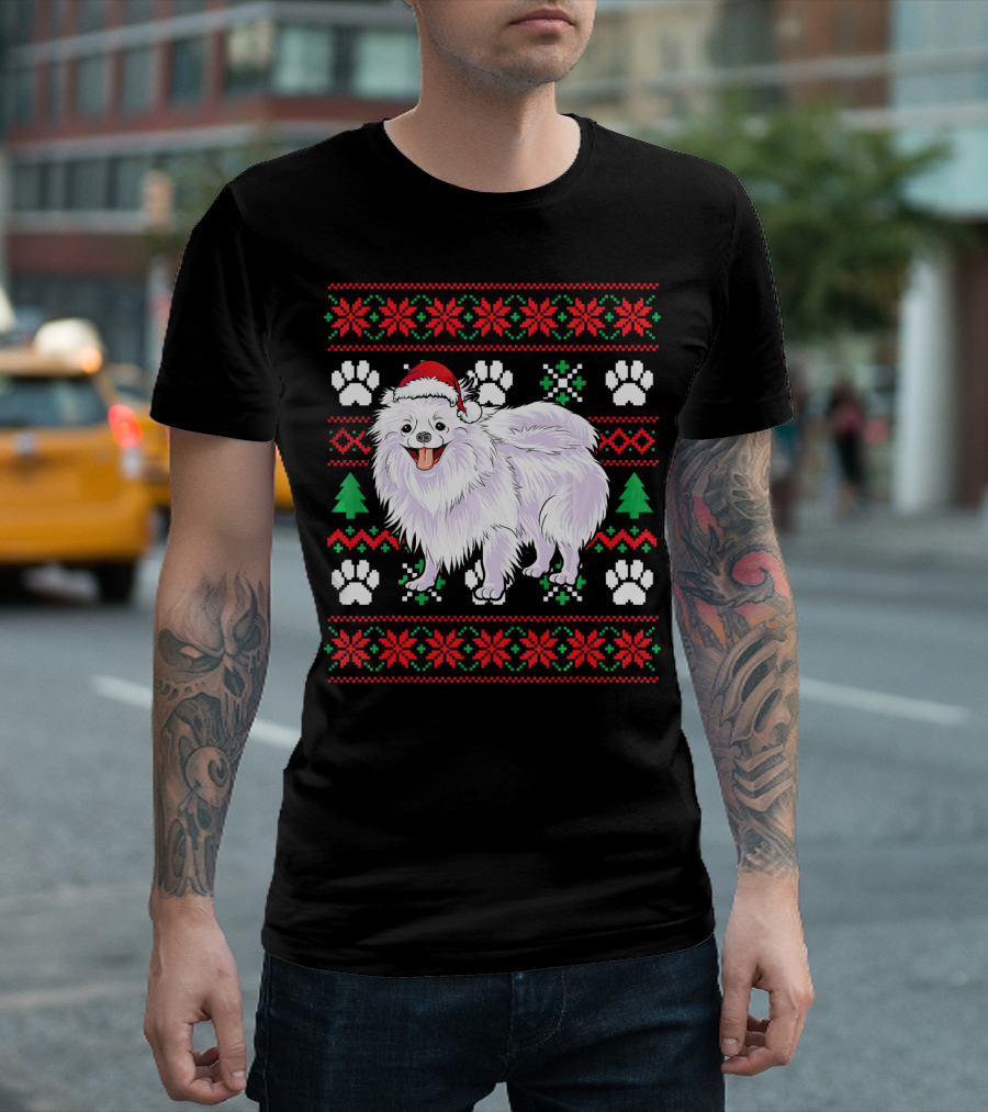 Pomeranian Ugly Christmas Santa Hat Paw Print Festive T-Shirt