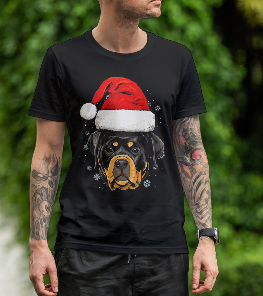 Rottweiler Santa Hat Christmas Dog Snowflakes Boys Girl T-Shirt