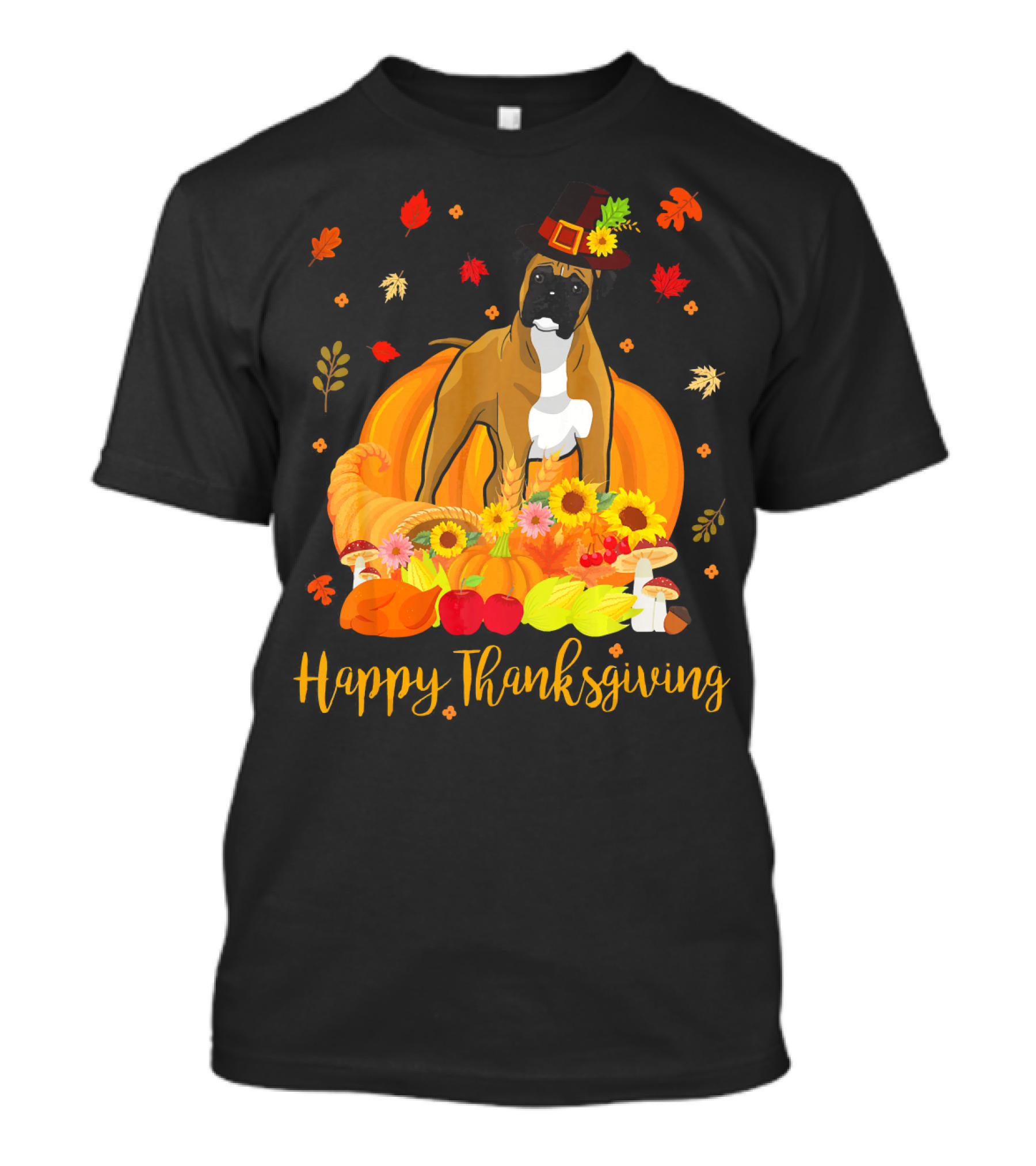 Happy Thanksgiving Boxer Dog With Hat And Pumpkin Cornucopia T-Shirt