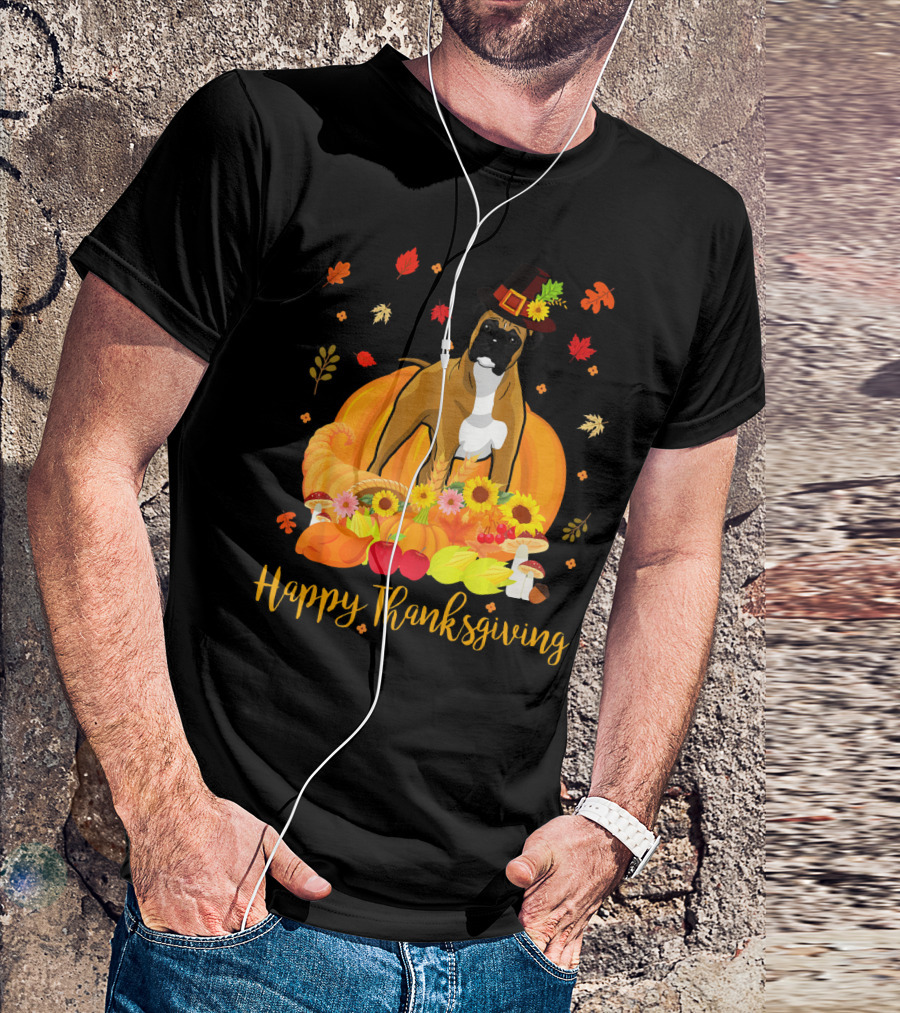 Happy Thanksgiving Boxer Dog With Hat And Pumpkin Cornucopia T-Shirt
