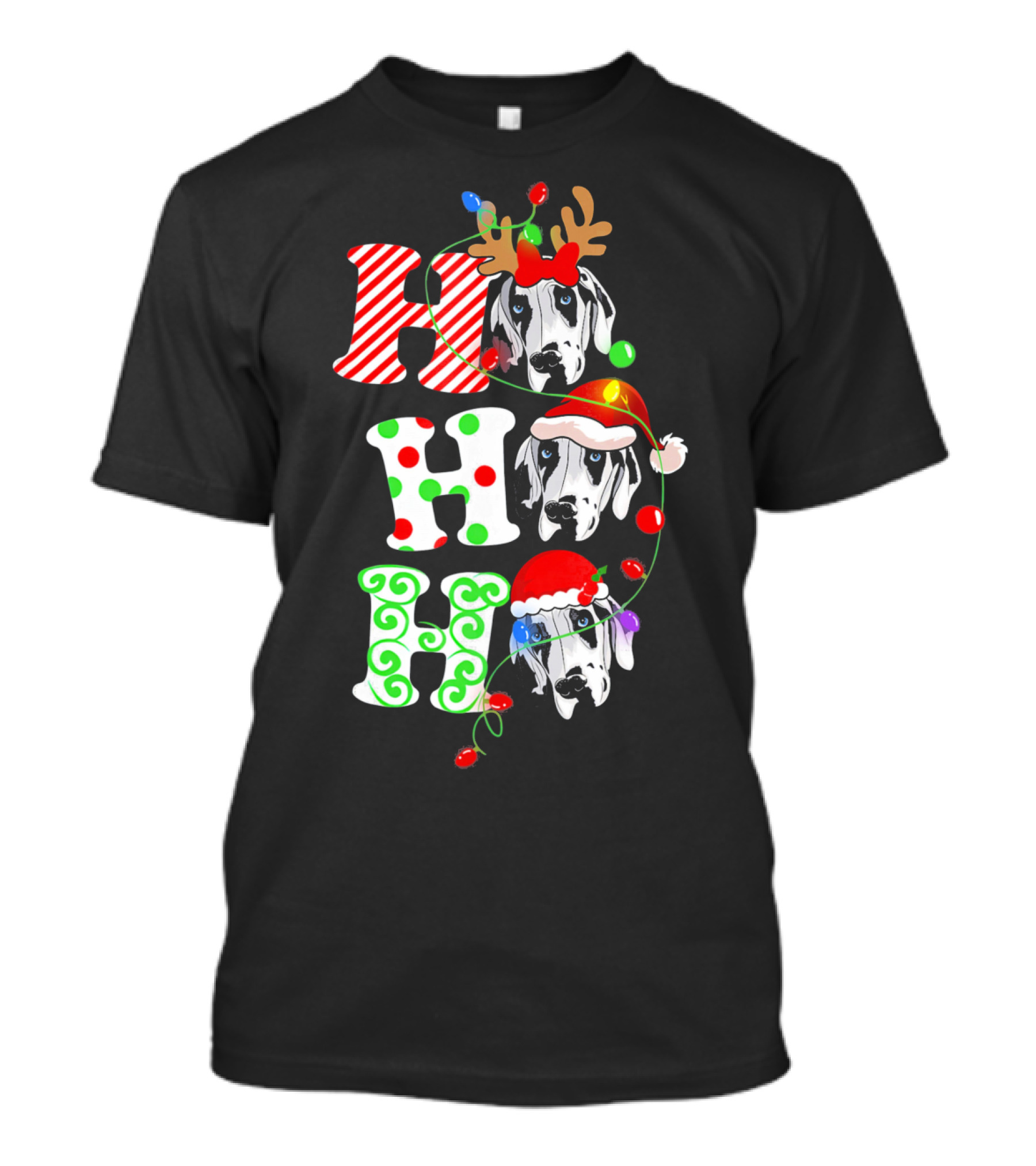 Merry Christmas Great Dane Ho Ho Ho Santa Reindeer Lights T-Shirt