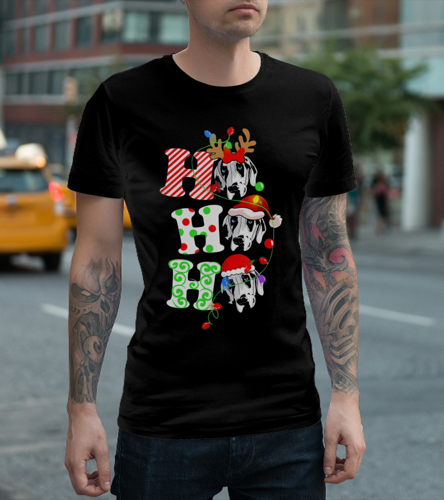 Merry Christmas Great Dane Ho Ho Ho Santa Reindeer Lights T-Shirt