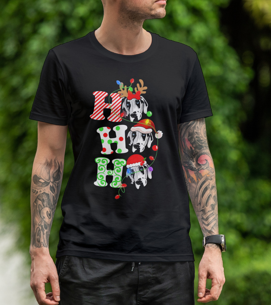 Merry Christmas Great Dane Ho Ho Ho Santa Reindeer Lights T-Shirt