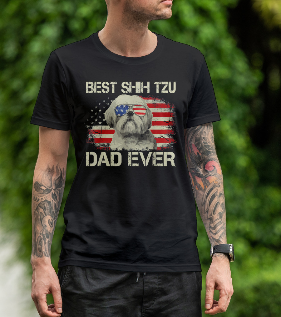 Best Shih Tzu Dad Ever American Flag Sunglasses T-Shirt