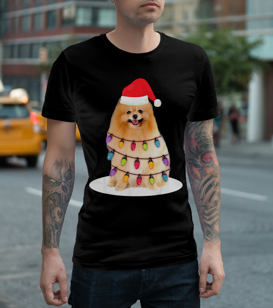 Pomeranian Christmas Light Santa Hat Festive Holiday Dog T-Shirt
