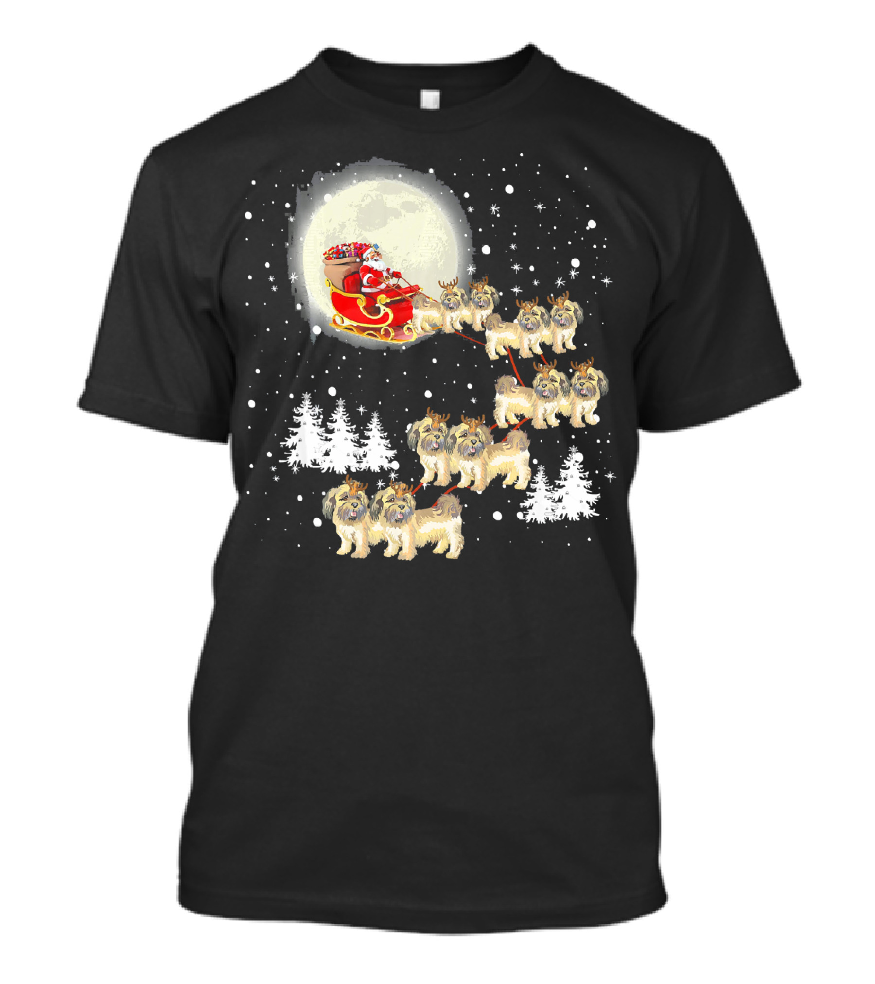 Cute Shih Tzu Christmas Lights Reindeer Santa Sleigh Moon Snowflakes Forest T-Shirt