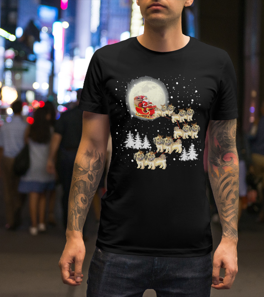 Cute Shih Tzu Christmas Lights Reindeer Santa Sleigh Moon Snowflakes Forest T-Shirt