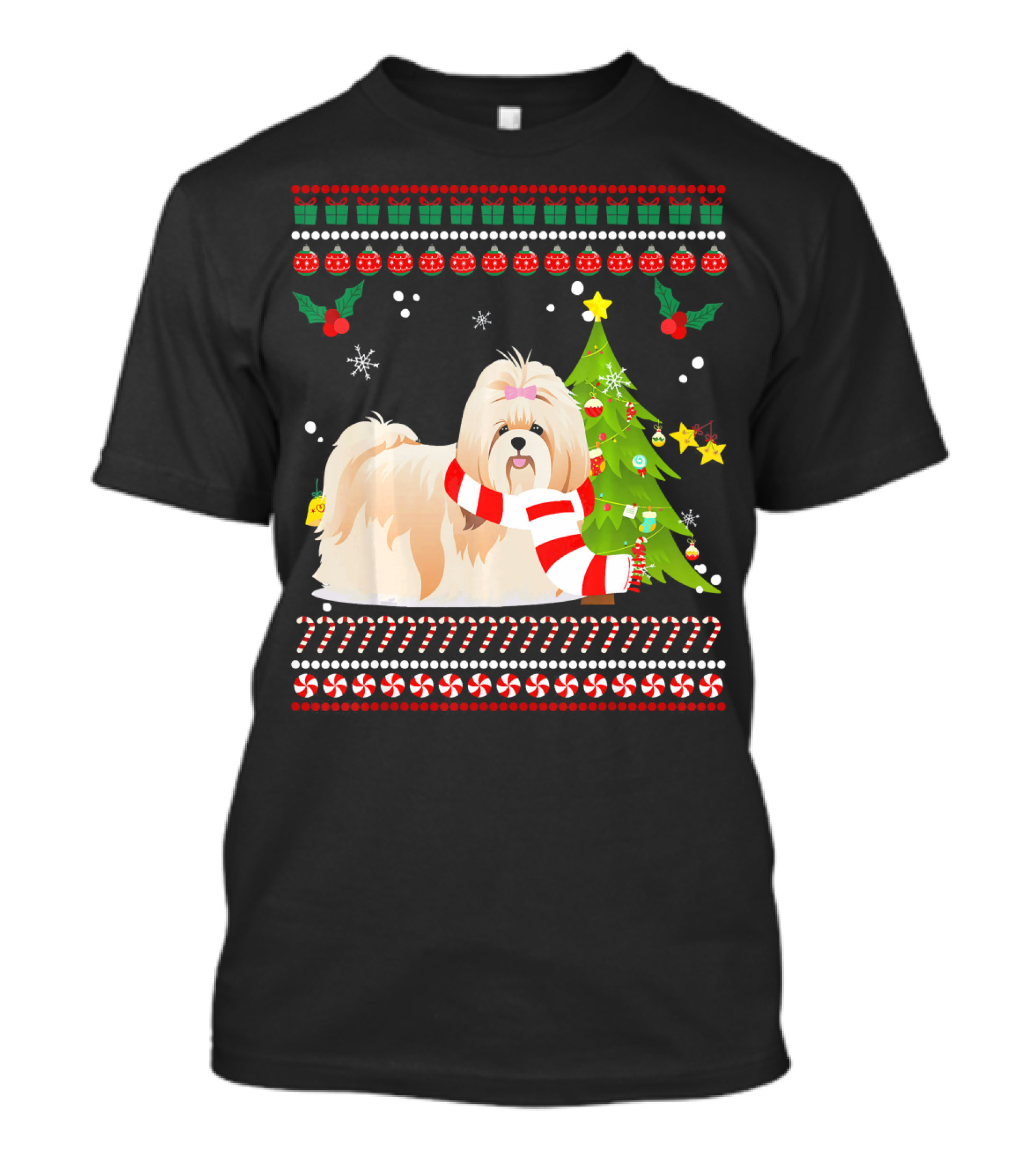 Cute Shih Tzu Christmas Pine Tree Snowflakes Candy Canes T-Shirt