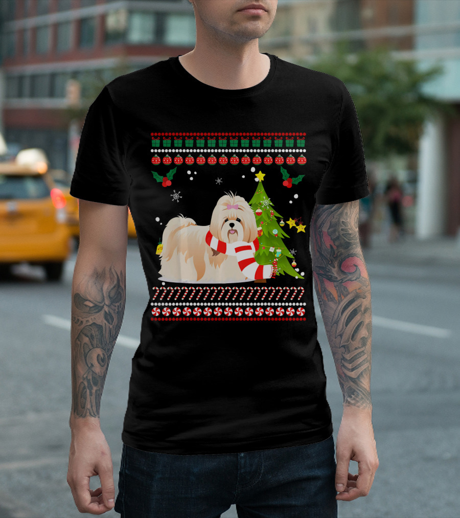 Cute Shih Tzu Christmas Pine Tree Snowflakes Candy Canes T-Shirt
