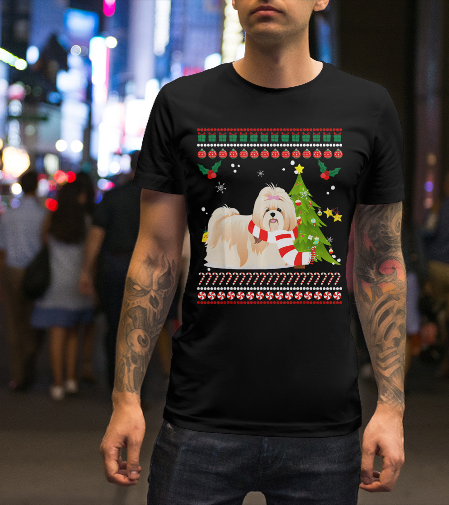 Cute Shih Tzu Christmas Pine Tree Snowflakes Candy Canes T-Shirt