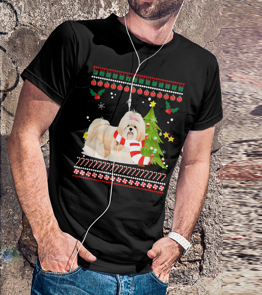Cute Shih Tzu Christmas Pine Tree Snowflakes Candy Canes T-Shirt