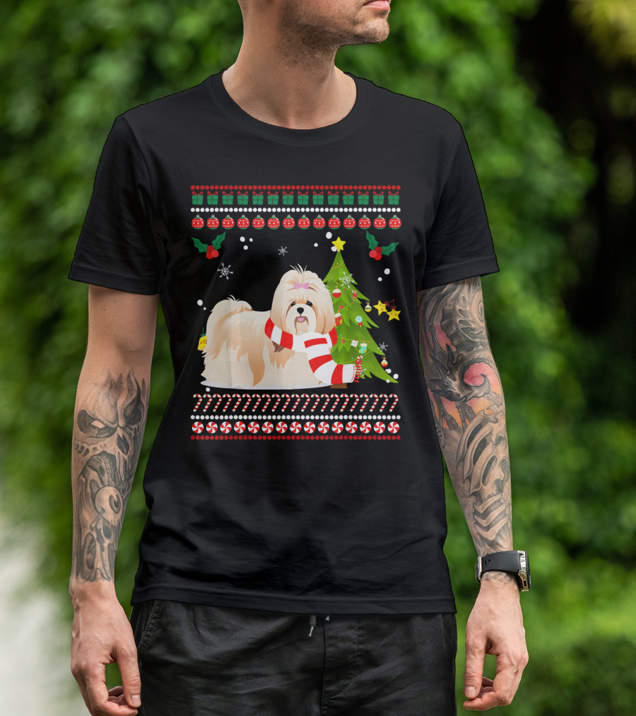 Cute Shih Tzu Christmas Pine Tree Snowflakes Candy Canes T-Shirt