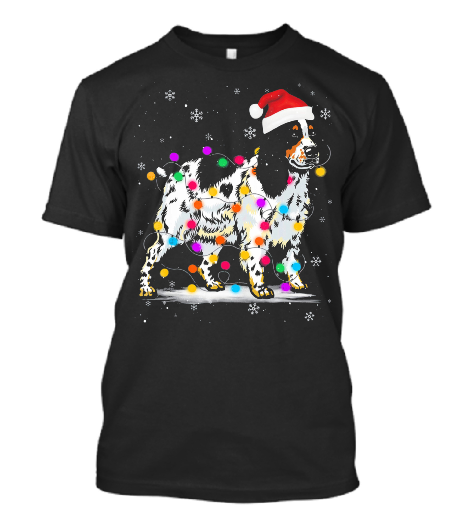 Cocker Spaniel Dog In Santa Hat Wrapped In Colorful Christmas Lights With Snowflakes T-Shirt
