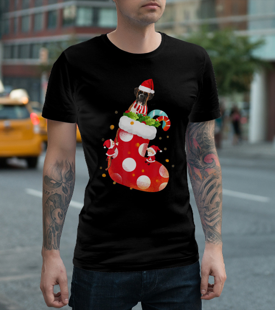 Boxer Dog in Christmas Stocking with Santa Hat and Candy Cane T-Shirt