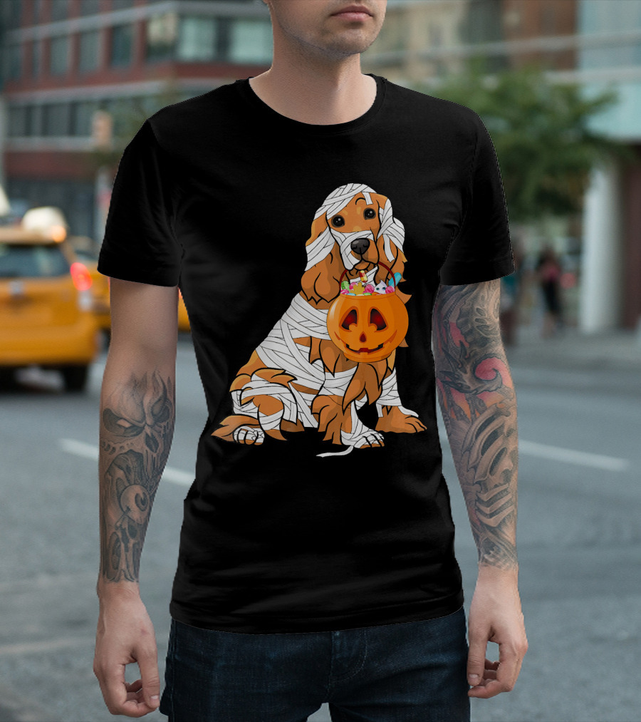 Cocker Spaniel Wrapped in Mummy Costume with Pumpkin Trick-or-Treat Bucket T-Shirt