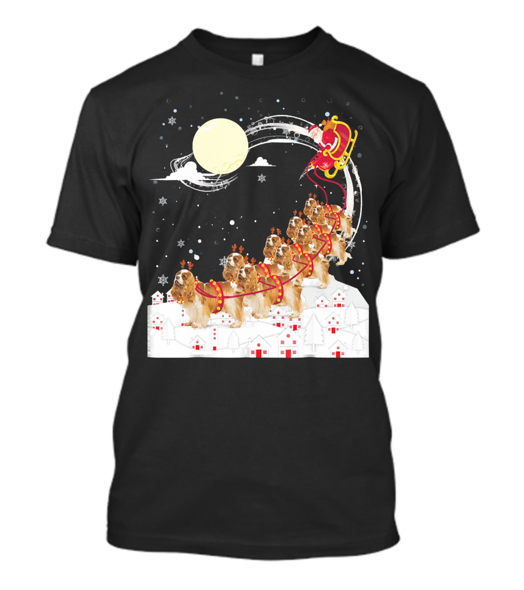 Cavalier King Charles Spaniel Reindeer Sleigh With Santa In Night Sky T-Shirt