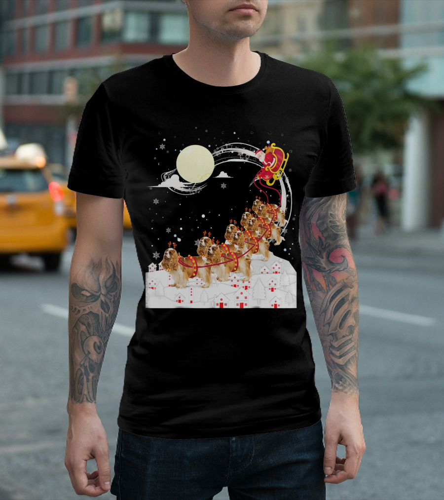 Cavalier King Charles Spaniel Reindeer Sleigh With Santa In Night Sky T-Shirt