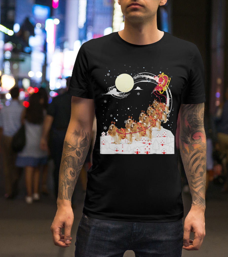 Cavalier King Charles Spaniel Reindeer Sleigh With Santa In Night Sky T-Shirt