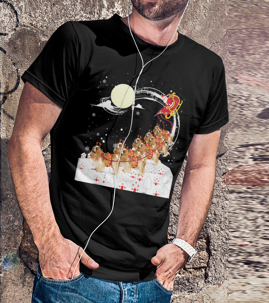 Cavalier King Charles Spaniel Reindeer Sleigh With Santa In Night Sky T-Shirt