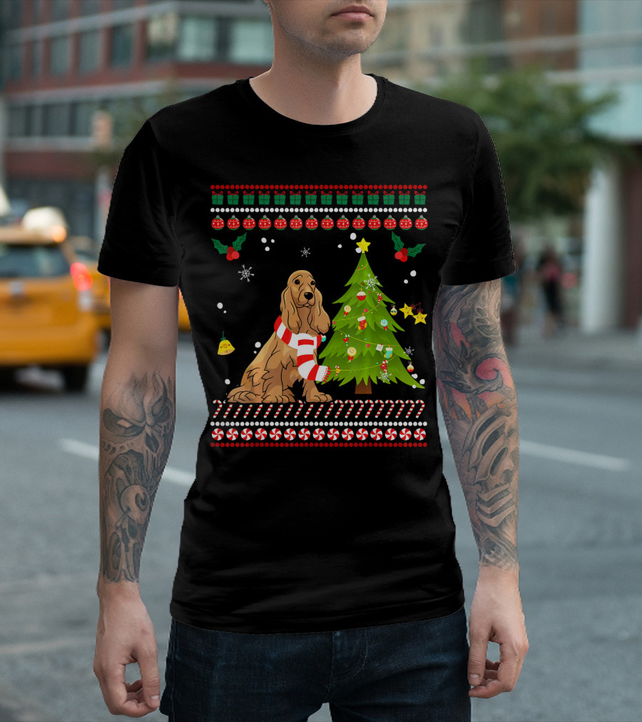 Cute Cocker Spaniel Christmas Pine Tree with Festive Decorations and Candy Canes T-Shirt