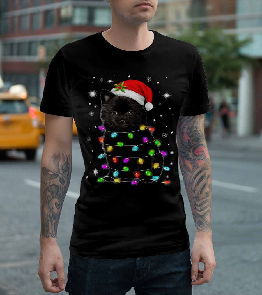 Christmas Black Pomeranian Wrapped in Colorful Lights with Santa Hat T-Shirt
