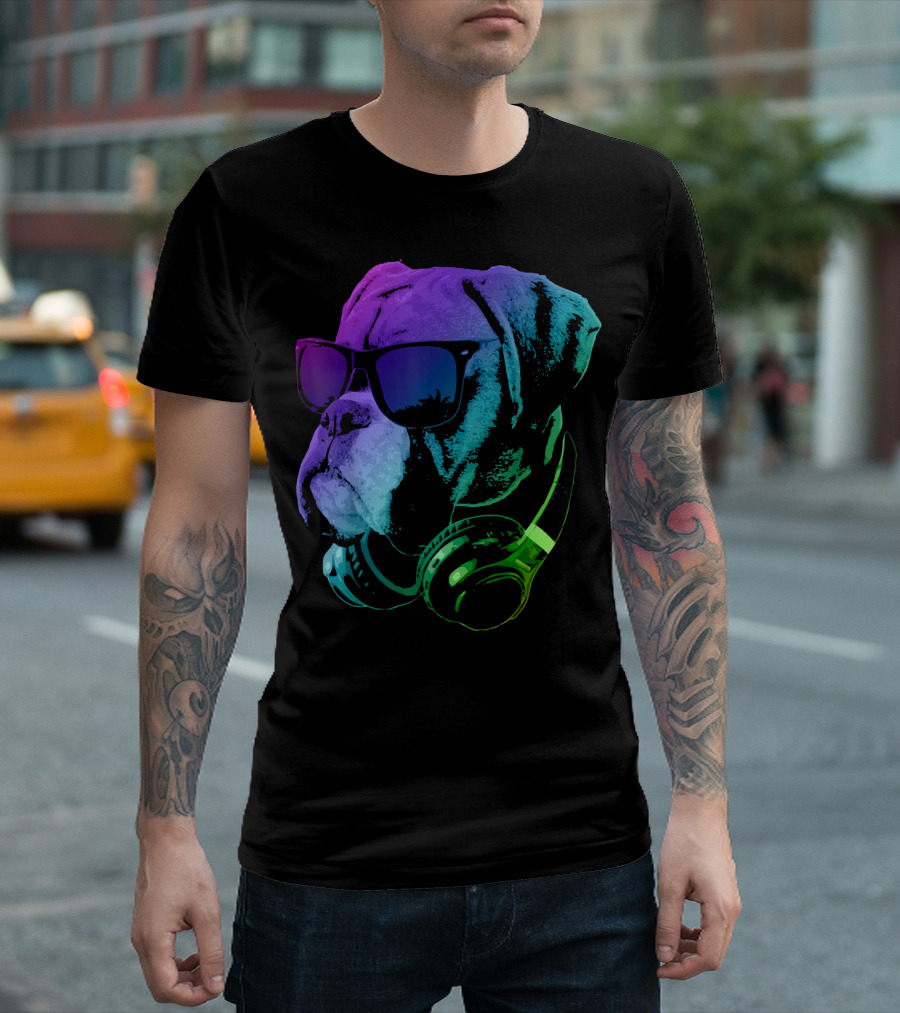 Cool Boxer Dog With Sunglasses And Headphones T-Shirt