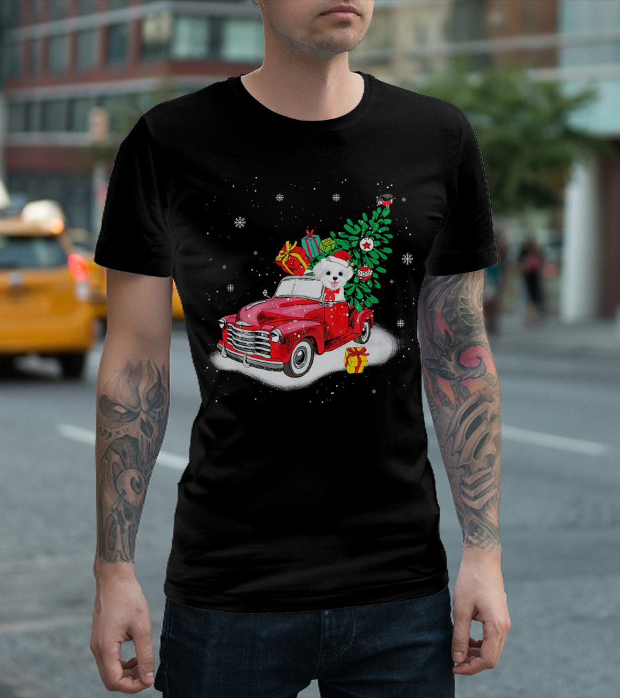 Maltese Dog In Red Truck With Christmas Tree And Gifts Snowflakes T-Shirt