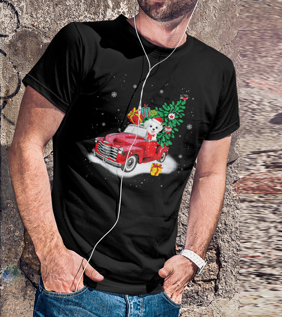 Maltese Dog In Red Truck With Christmas Tree And Gifts Snowflakes T-Shirt