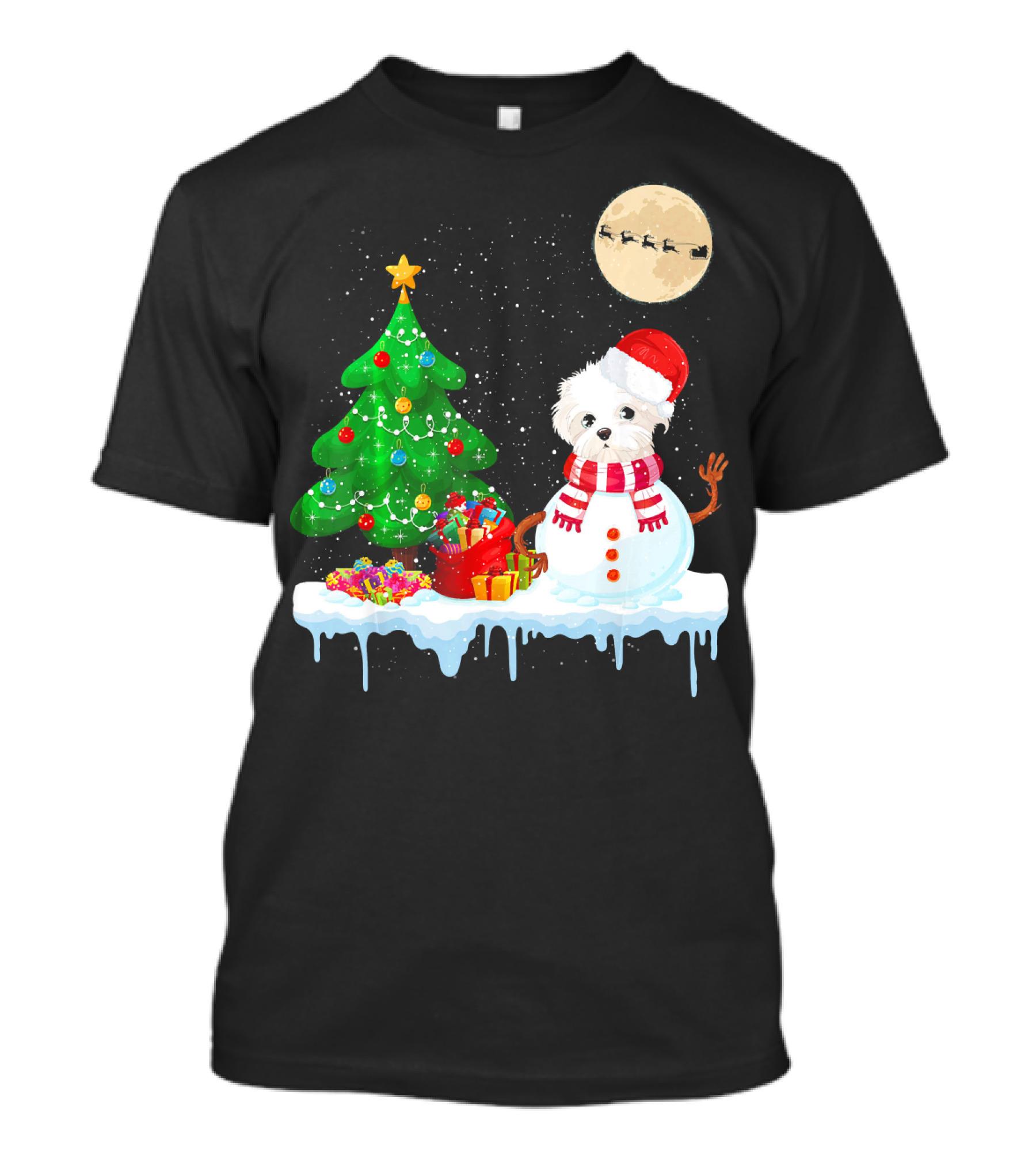 Maltese Snowman Christmas Tree Santa Hat Moon Sleigh T-Shirt