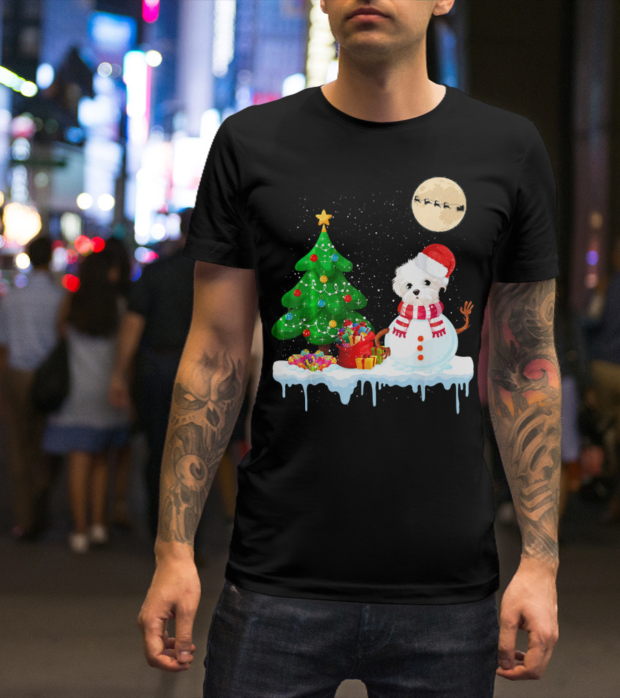 Maltese Snowman Christmas Tree Santa Hat Moon Sleigh T-Shirt