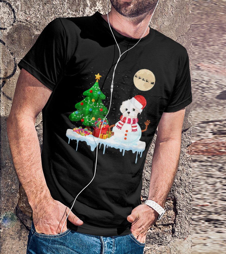 Maltese Snowman Christmas Tree Santa Hat Moon Sleigh T-Shirt