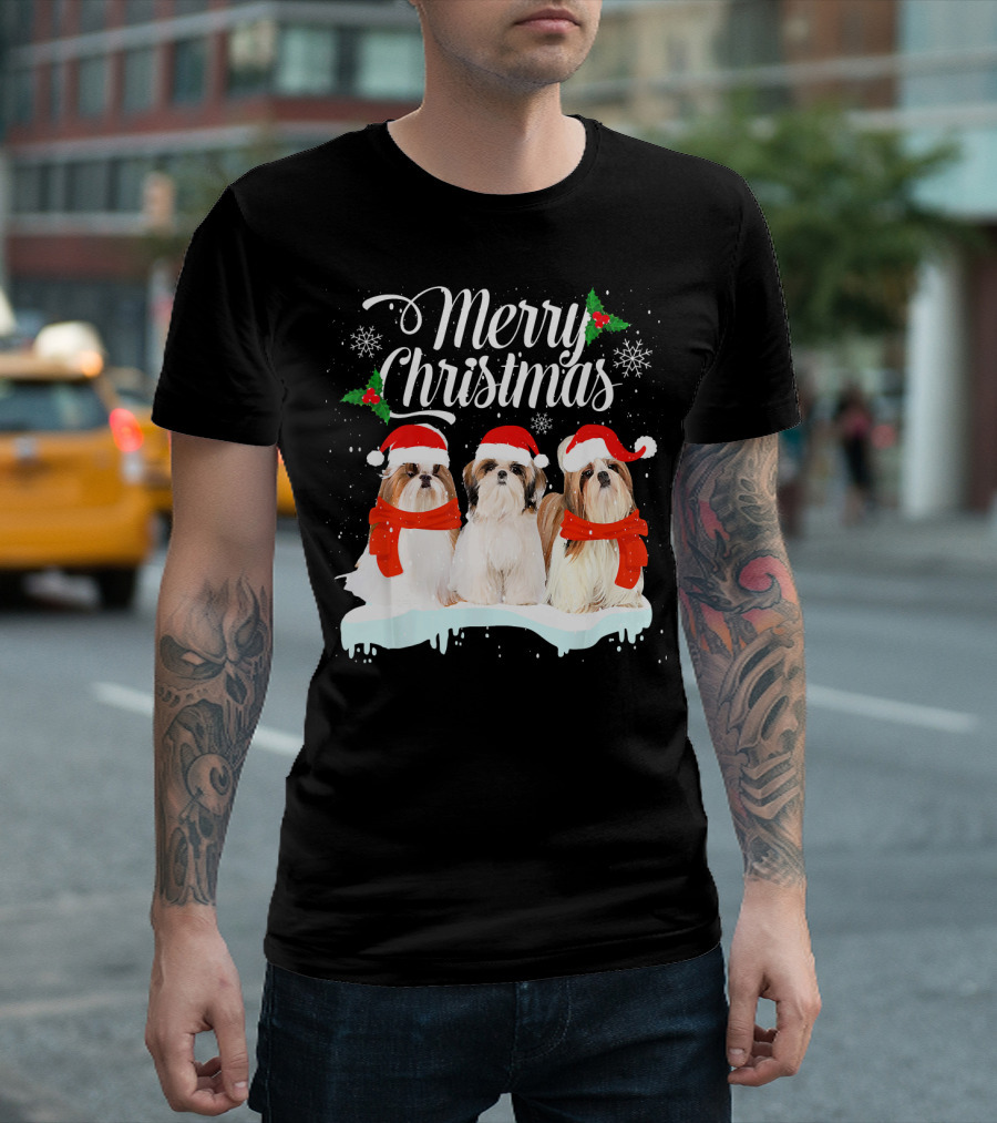 Merry Christmas Shih Tzu Puppies with Santa Hats and Snowflakes T-Shirt