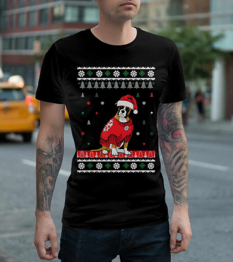 Cute Christmas Boxer Dog In Santa Hat And Festive T-Shirt