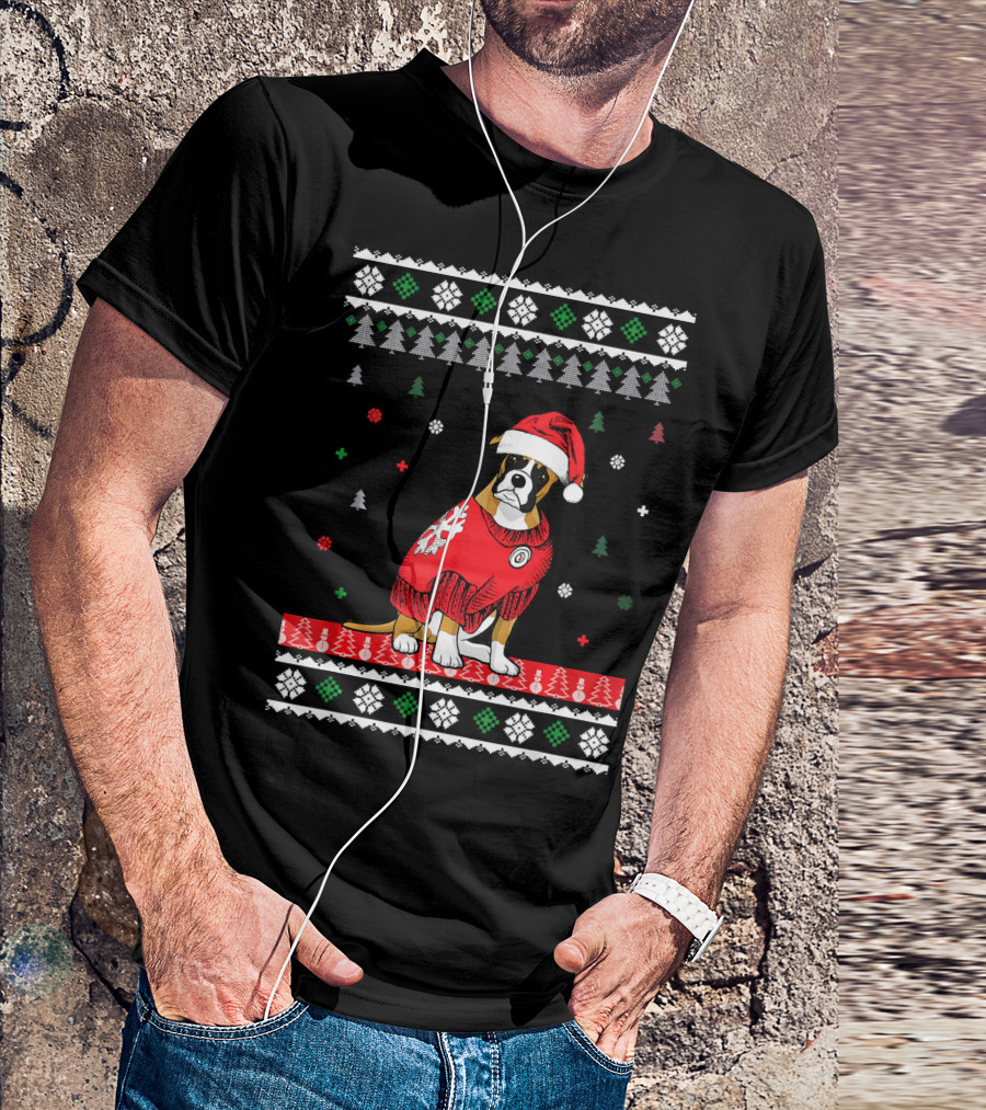 Cute Christmas Boxer Dog In Santa Hat And Festive T-Shirt