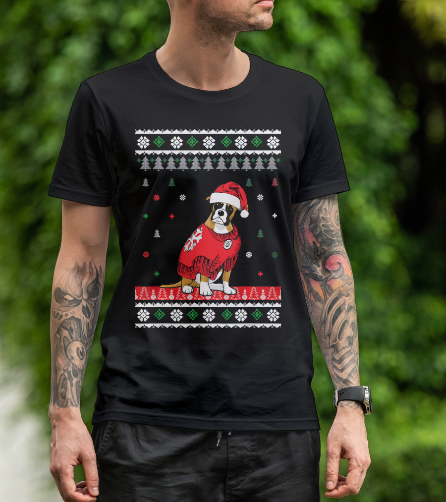 Cute Christmas Boxer Dog In Santa Hat And Festive T-Shirt